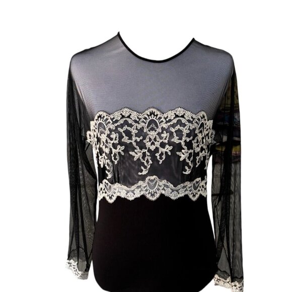 Ritratti Milano Italian Black Sheer Lace Bodysuit Blouse EUC made in italy LARGE - Picture 3 of 6